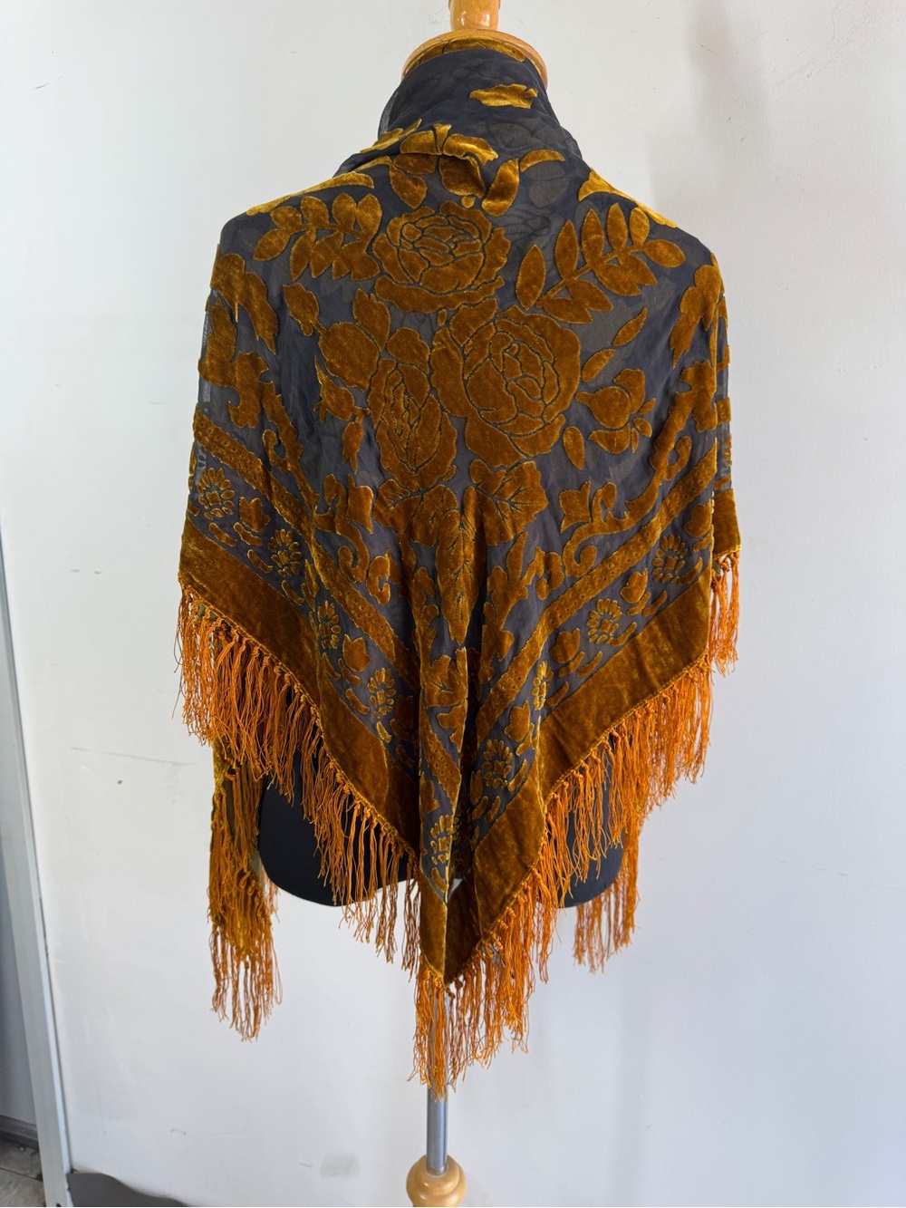 Vintage Velvet Burnout Silk Floral Shawl Bronze Brown Fringe Wrap Boho Scarf